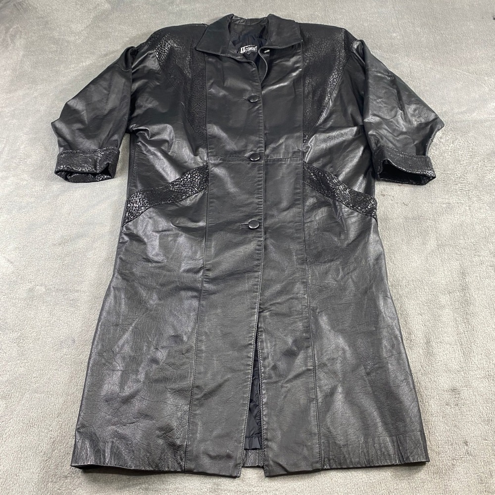 Comint Coat Women's M Black Faux Leather Snake Print Trim Long Trench Argentina‎